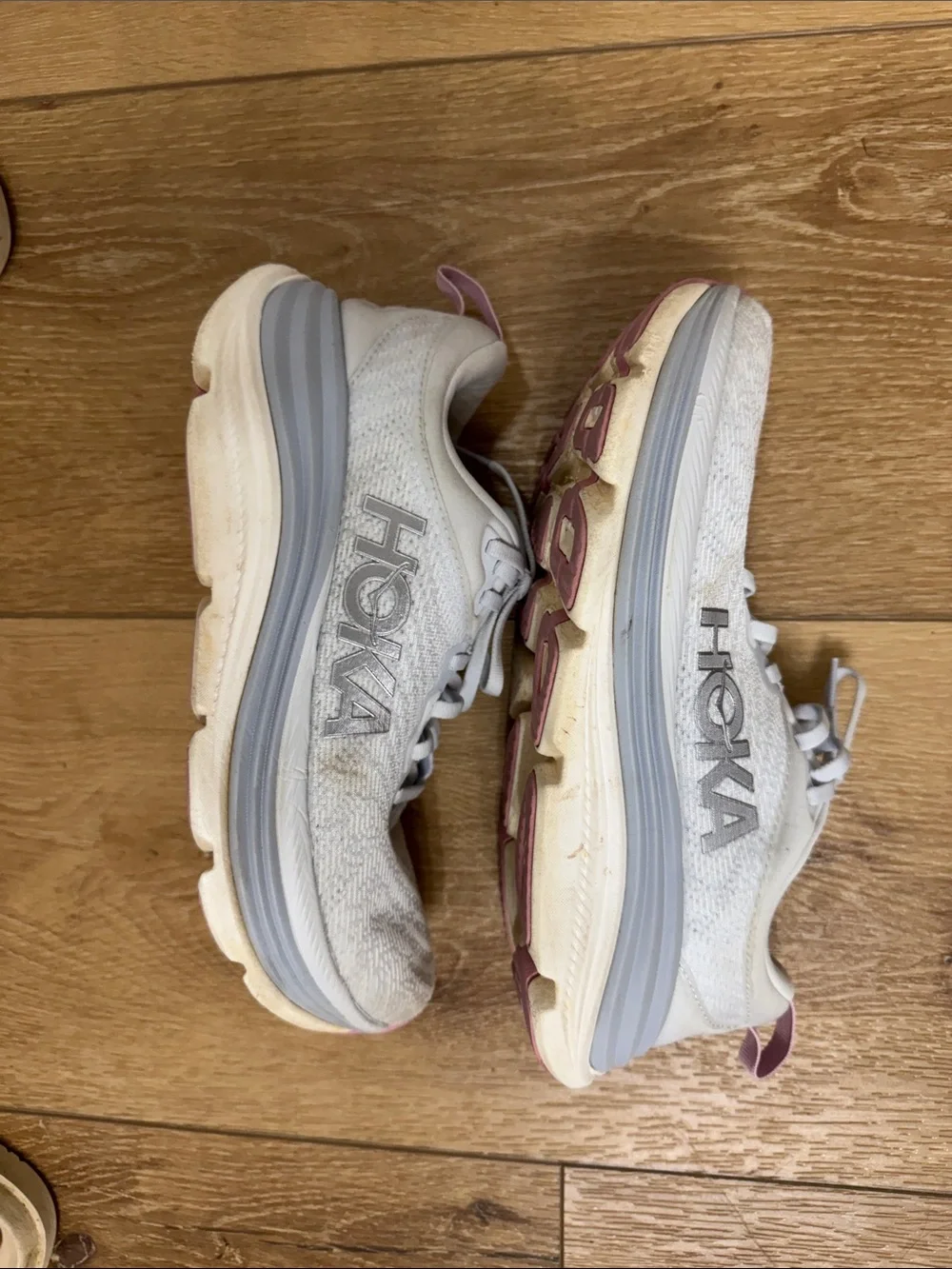 Hoka Women's Light Gray and Pink Athletic Running Shoes